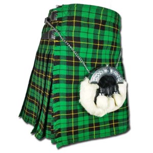 Wallace Hunting Tartan Kilt Embrace the striking difference between a vivid green and a stark black. Appreciate the contrast and relish in the exciting, invigorating green found in the Wallace Hunting Tartan Kilt. This incredible kilt is hand made out of acrylic wool that keeps the warmth in when it is cold outside while also remaining breathable in warmer weather. Green and black make up the main components of this tartan, but slender yellow lines serve to outline the patterning and provide a nice dash of sunny color. Ready to wear any sort of accessories like a sporran, the Wallace Hunting Tartan Kilt features buckles that resist rust so that you can wear it in any weather. An adjustable leather strap also comes included to ensure your comfort.