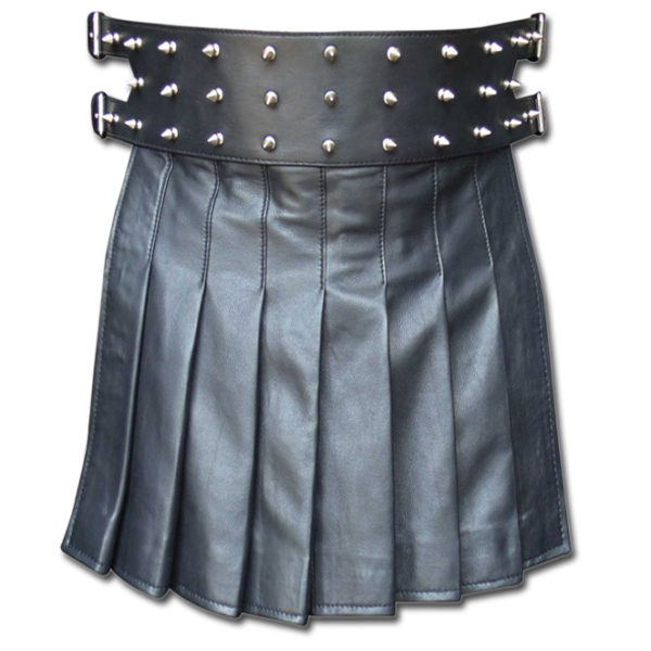 Black Mini Leather Gladiator Kilt with Studs-1