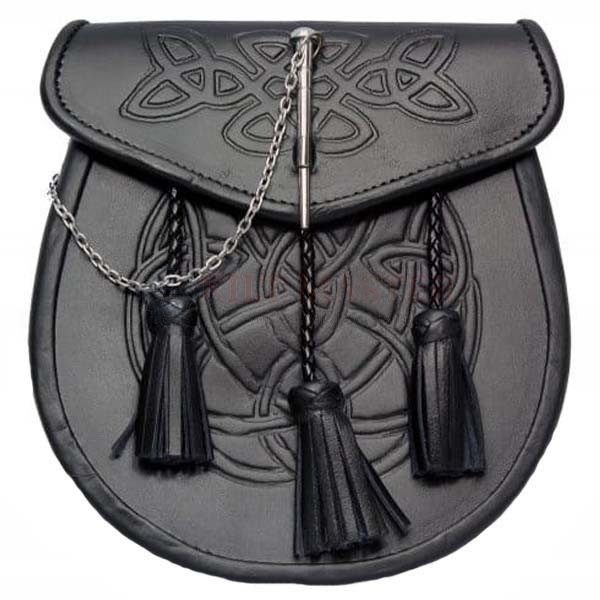 thumbnail image 2 of Scottish Kilt Sporran - Celtic Embossed Black Leather With Belt & Chain - AAR 2 of 6