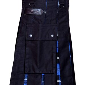 Men Hybrid Utility Kilt 100% Black Cotton with Ramsey Blue Tartan Custom Handmade