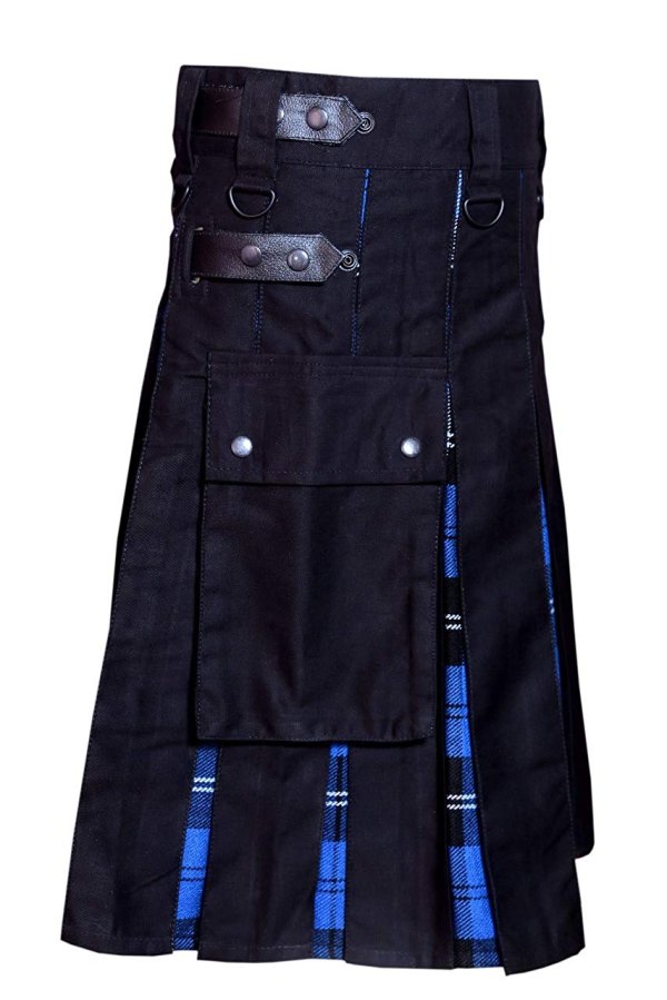 Men Hybrid Kilt 100% Black Cotton with Ramsey Blue Tartan Custom Handmade