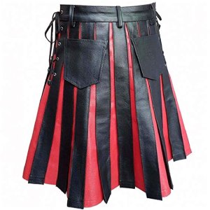 Mens Real Black & Red Leather Kilt Gladiator Pleated