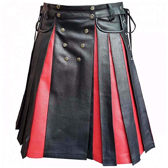 Mens Real Black & Red Leather Kilt Gladiator Pleated