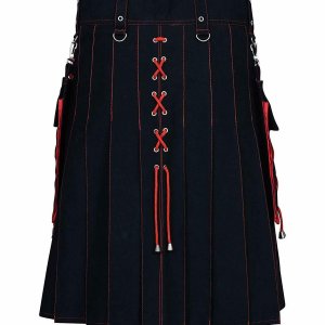 Black and Red Hybrid Kilt | Box Pleated Kilt.This kilt comes in black with stylish pleats, each accented by a thin outline of red thread. In the front of this kilt are three red x's that match the ones running down the side of the kilt and through the pocket