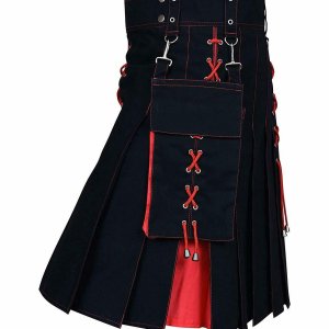 Black and Red Hybrid Kilt | Box Pleated Kilt.This kilt comes in black with stylish pleats, each accented by a thin outline of red thread. In the front of this kilt are three red x's that match the ones running down the side of the kilt and through the pocket