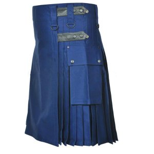 NAVY BLUE LEATHER STRAPS COTTON UTILITY KILT