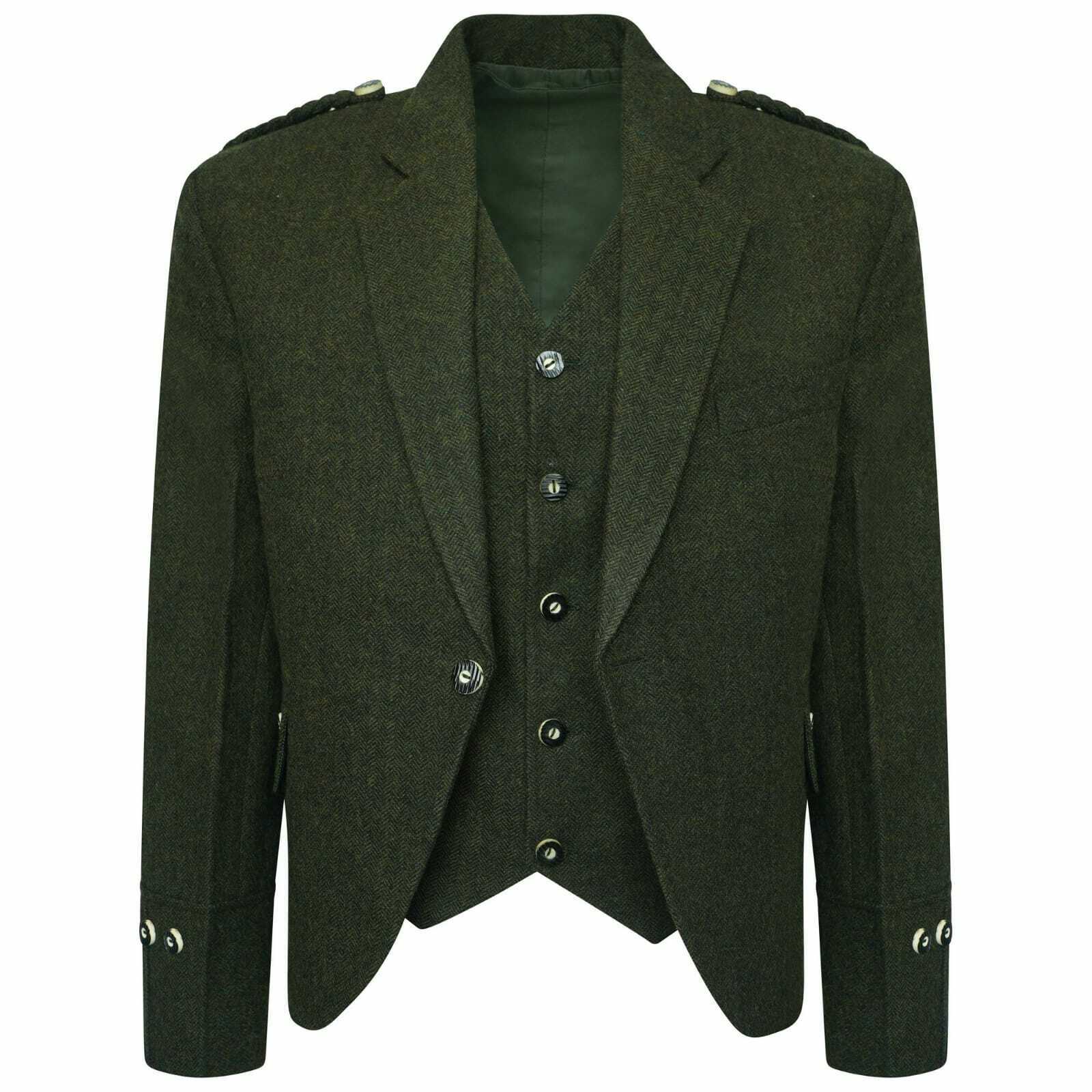 Olive Green Tweed kilt jacket With 5 Button Vest - Scottish Kilt Collection