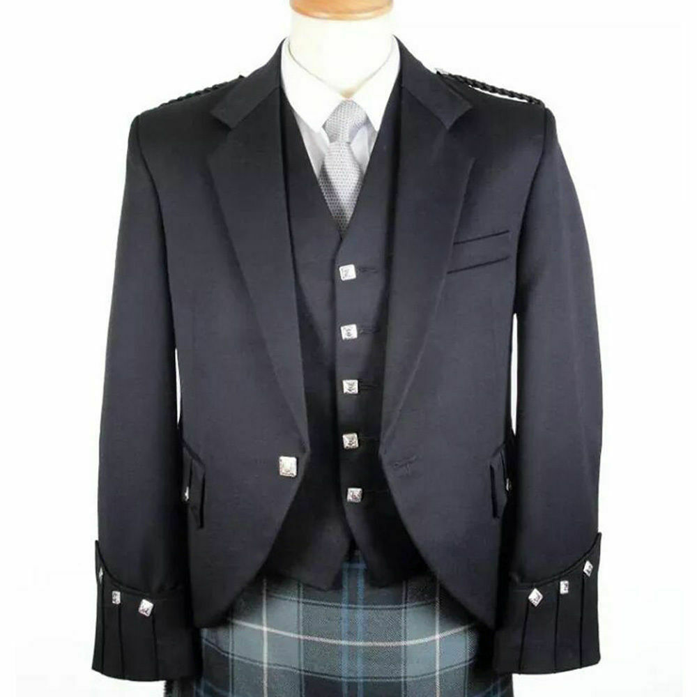 New Scottish Blue Wool Argyle Kilt Jacket With Waistcoat/Vest Sizes 36" 54"