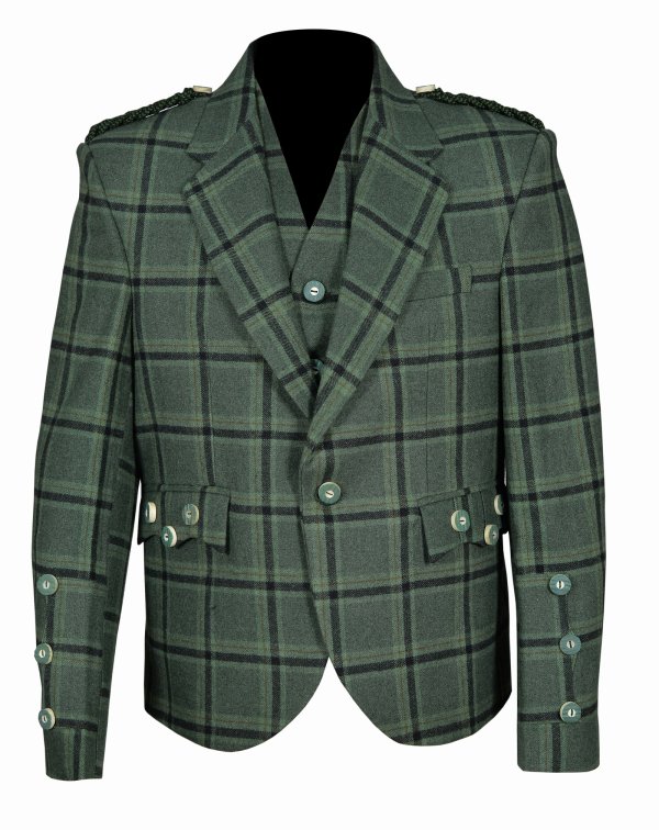 Traditional Style Lovat Green Tweed Argyle Kilt Jacket With 5 Button Vest