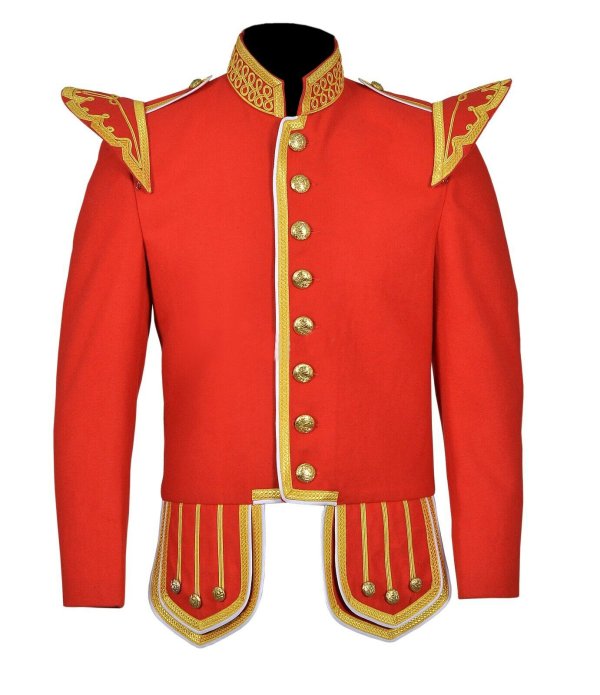 Gold Braid Trim Red Military Doublet Pipe Band Jacket