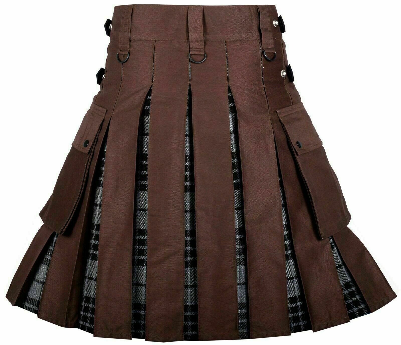 Men's High Quality Utility Hybrid Kilt- Brown Cotton and Gray Tartan