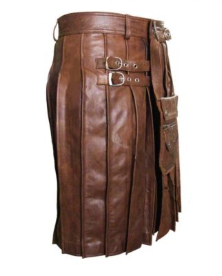 Men Kilt And Sporran REAL Black Brown LEATHER Pleated Utility 