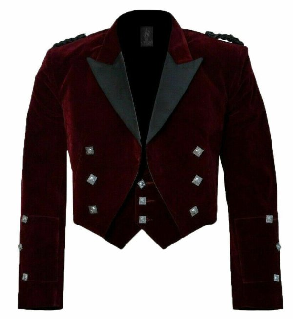 Scottish Burgundy Velvet Prince Charlie Kilt Jacket With Waistcoat