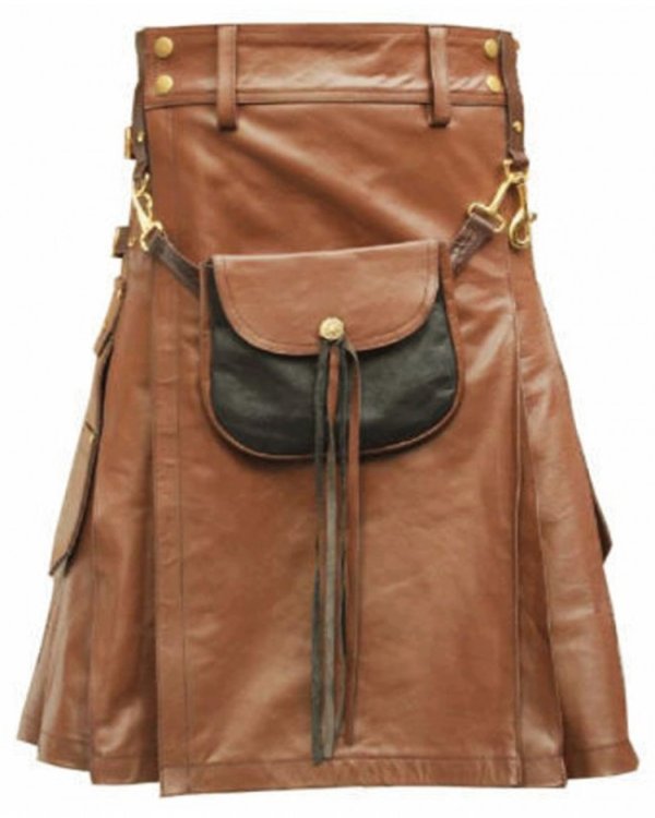 Brown Leather Utility Kilt With Sporran