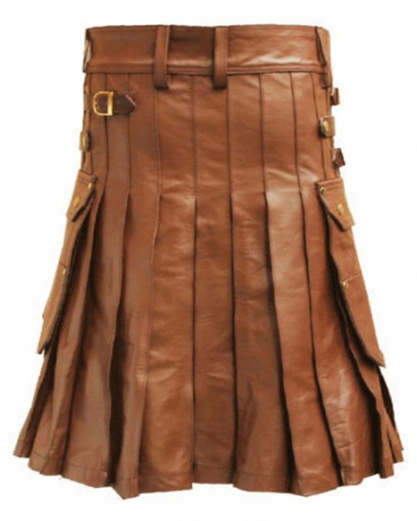 Brown Leather Utility Kilt With Sporran