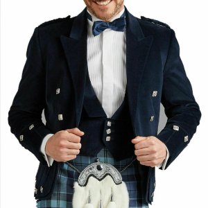 Dark Blue Velvet Scottish Regulation Doublet Kilt Jacket With Vest