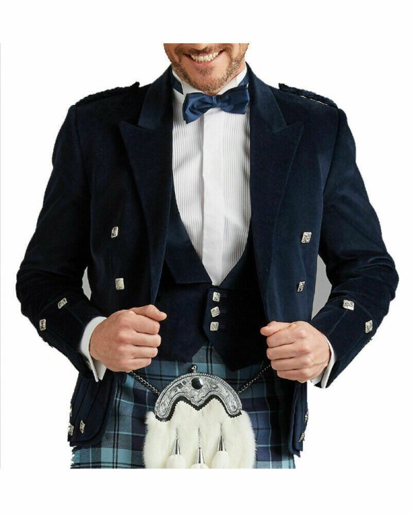 Dark Blue Velvet Scottish Regulation Doublet Kilt Jacket With Vest