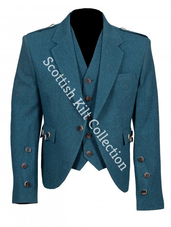 Lovat Blue tweed Argyle Highland Kilt Jacket with Five Button Waistcoat