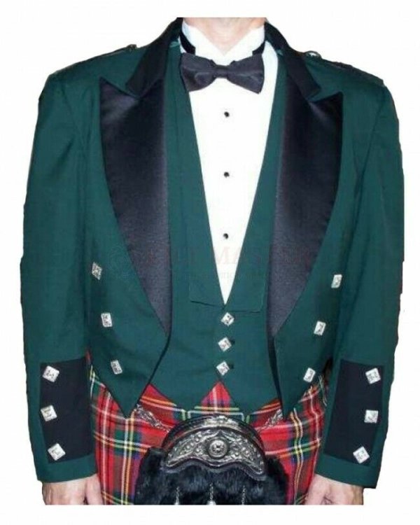 Green Prince Charlie Jacket With Waistcoat Custom Irish Kilt Jacket