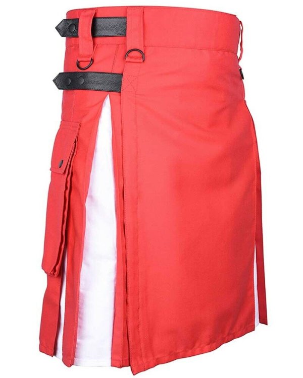 Scottish Fashion Utility Hybrid Kilts For Men Red Kilt White Pleats