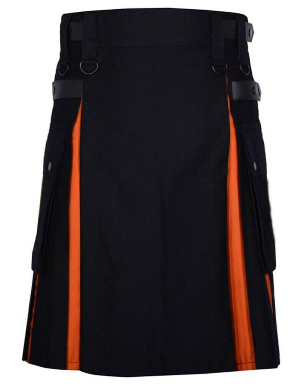 Scottish Men 100% Cotton Fashion Black and Orange Hybrid Kilt Men