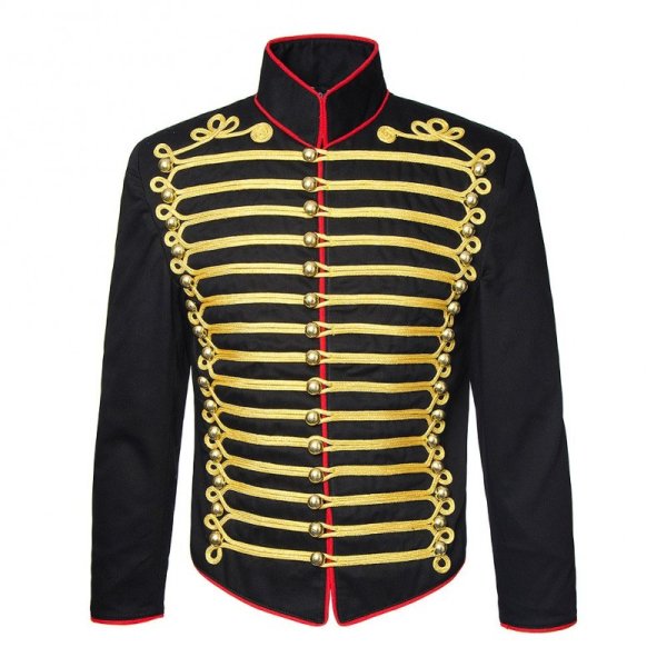 Black Hussar Military Jacket with Red Piping