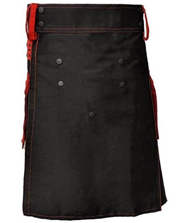 Scottish Men 100% Cotton Utility Kilt Black with Red Pockets