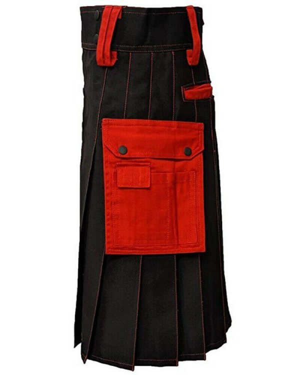 Scottish Men 100% Cotton Utility Kilt Black with Red Pockets