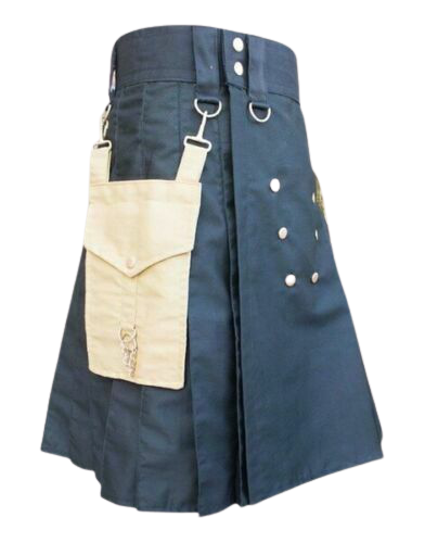 Scottish Black Utility Kilt Detachable Khaki Pocket