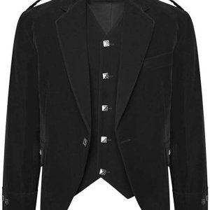 Men's Black Color Velvet Scottish Highland Argyle Kilt Jacket & Waistcoat
