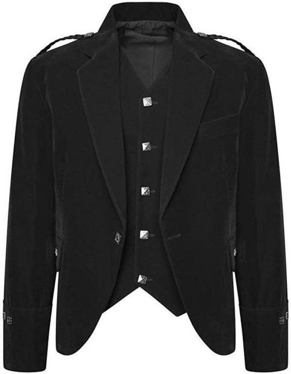 Men’s Black Color Velvet Scottish Highland Argyle Kilt Jacket & Waistcoat
