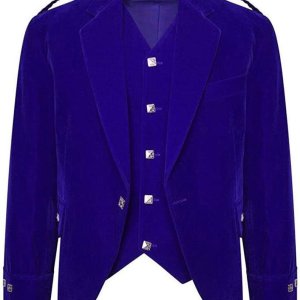 Men's Blue Color Velvet Scottish Highland Argyle Kilt Jacket & Waistcoat