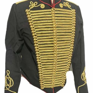 Men Ceremonial Hussar Black Military Jacket, Gold Braiding