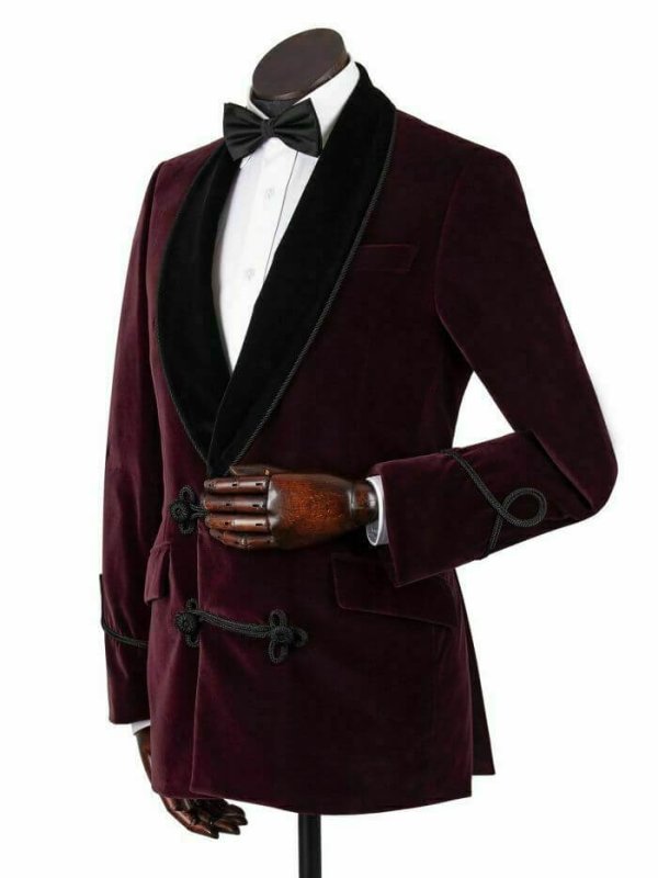 Men’s Maroon Vintage Velvet Smoking Jacket with Shawl Collar Dinner Jacket