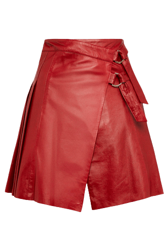 Red Leather Pleated Buckle Kilt Skirt