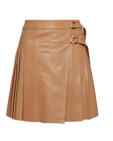 Camel Leather Pleated Buckle Kilt Skirt