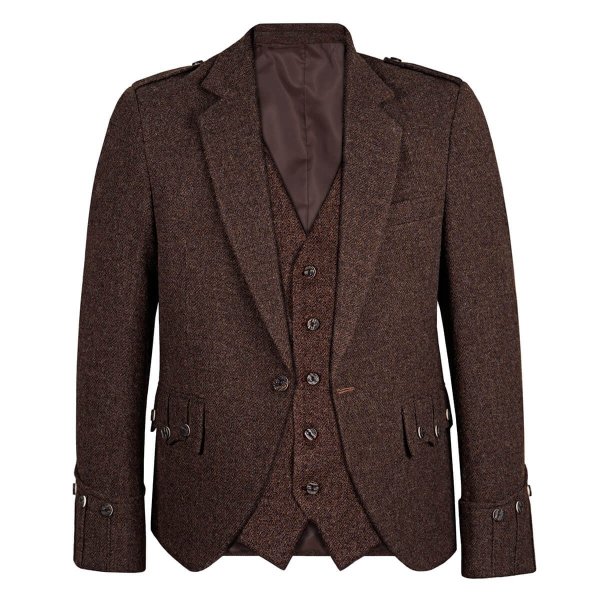 DARK BROWN TWEED ARGYLL KILT JACKET WITH 5 BUTTON VEST