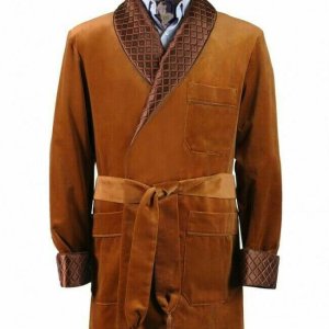 Luxurious Brown Velvet Smoking Jacket Men's Dress Gown with Quilted Shawl Collar