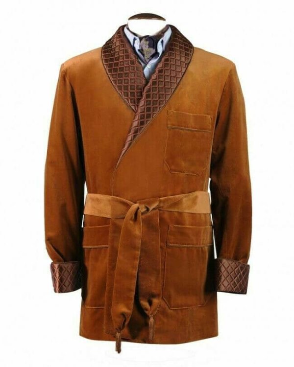 Luxurious Brown Velvet Smoking Jacket Men’s Dress Gown with Quilted Shawl Collar