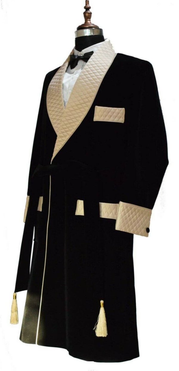 Men Smoking Jacket Black Velvet Quilted 