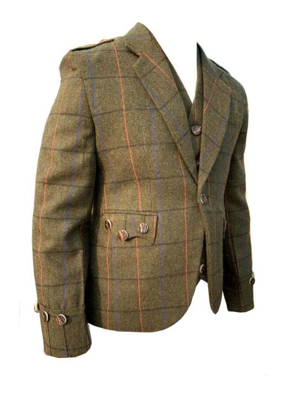 Scottish Argyle Kilt Jacket & Vest Men’s New Green Tweed Wedding Jacket For Sale4