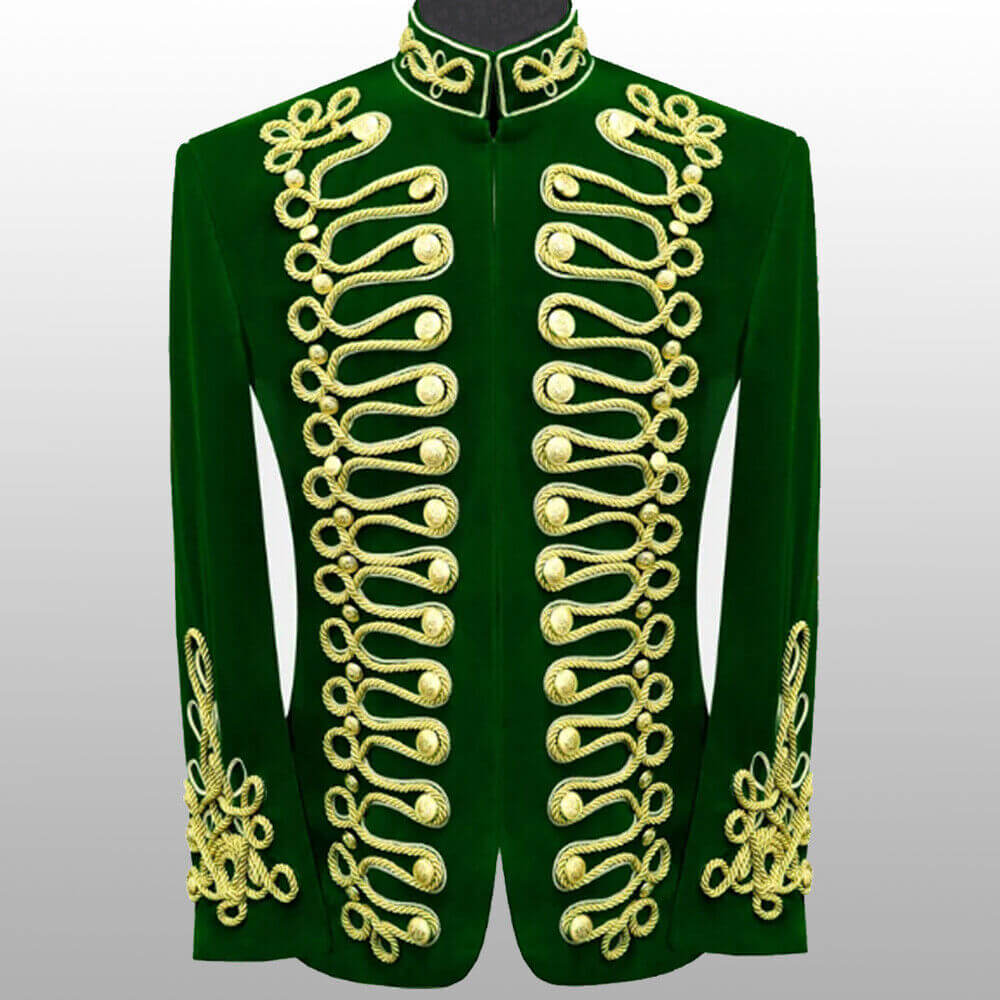 Men Braided Green Velvet Jacket Military Gold Braided Jacket Hussar Velvet Jacket