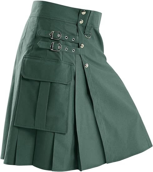 Mens Green Utility Kilt Scottish Traditional Highland Solid Pleated Costume with Cargo Pockets