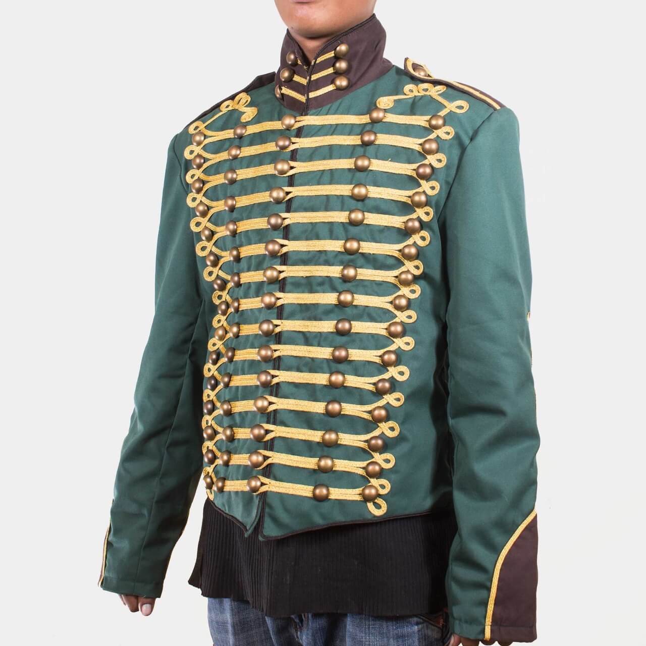 Green Steampunk Military Jacket with gold Braiding Back and front1