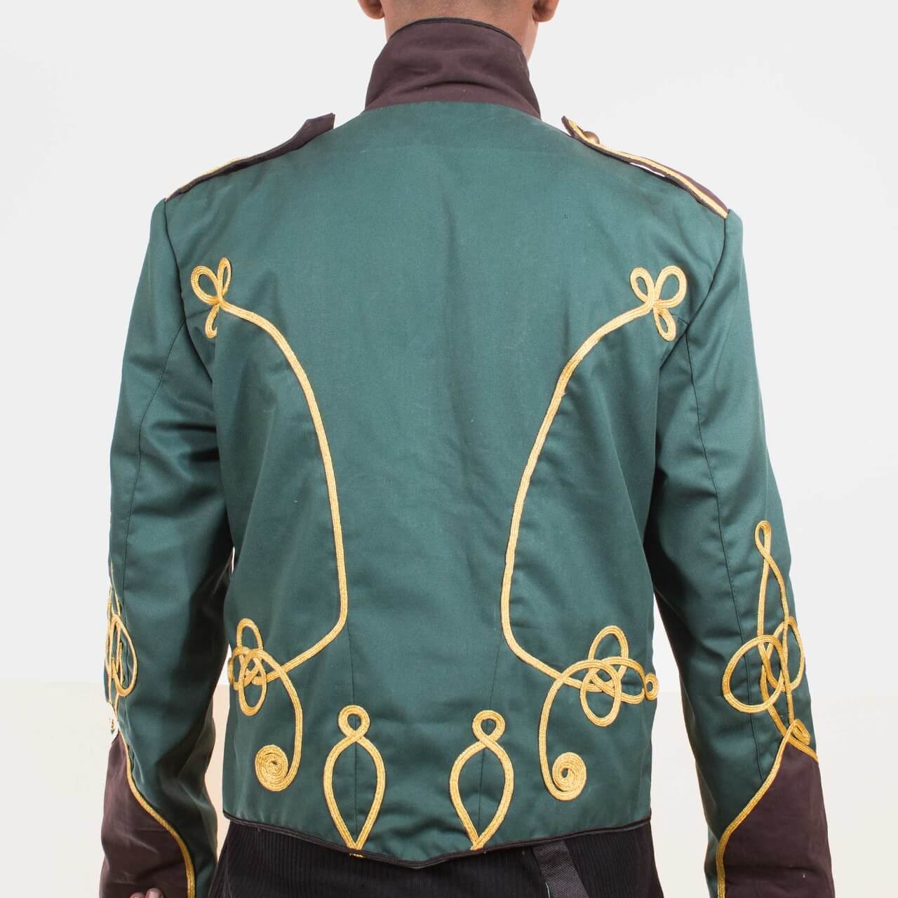 Green Steampunk Military Jacket with gold Braiding Back and front2