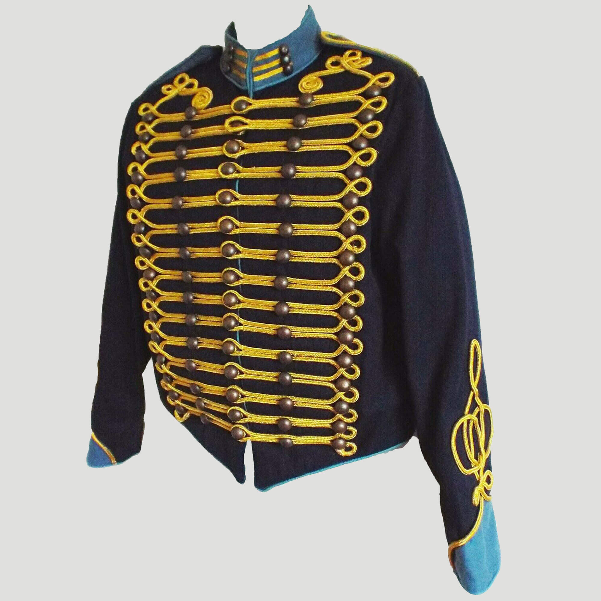 New Steampunk Military Hussar Jacket in Men Navy Blue Trim And Gold Braid