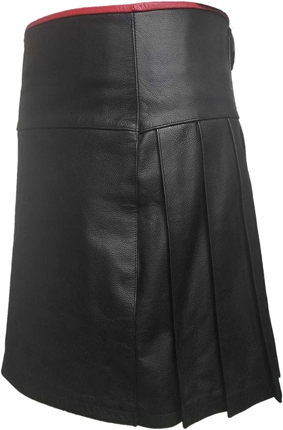Mens Black Leather Pleated LARP Utility Kilt Flat Front Pocket Wrap Style1