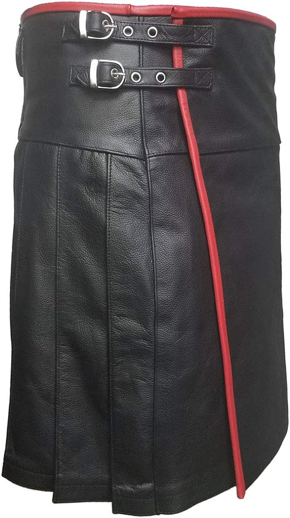 Mens Black Leather Pleated LARP Utility Kilt Flat Front Pocket Wrap Style3