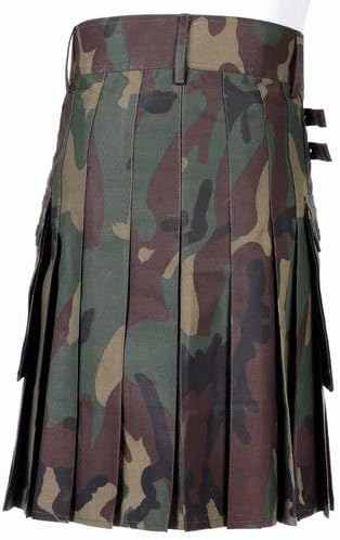 Men's Camo Utility Combat Kilt Punk Goth Style with Pockets - Adjustable Strap, Pleated Kilt