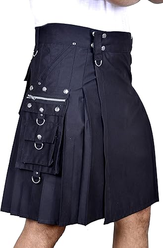 Men’s Black Cotton Gothic Utility 8 Pockets Kilt